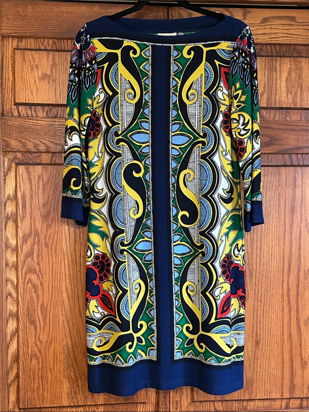 Women's Multicolor Printed Shift Dress - Navy, Yellow & Green